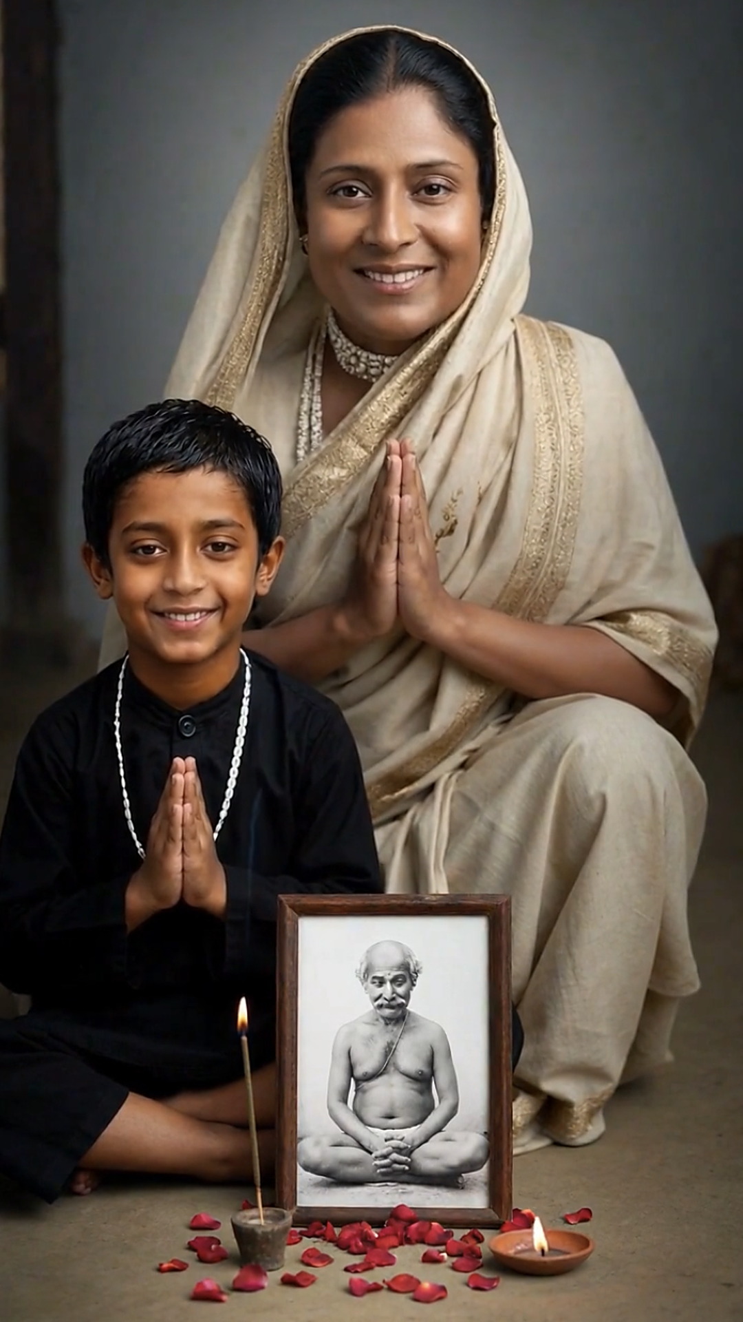Mukunda (Paramahansa Yogananda) and his mother, praying to Lahiri